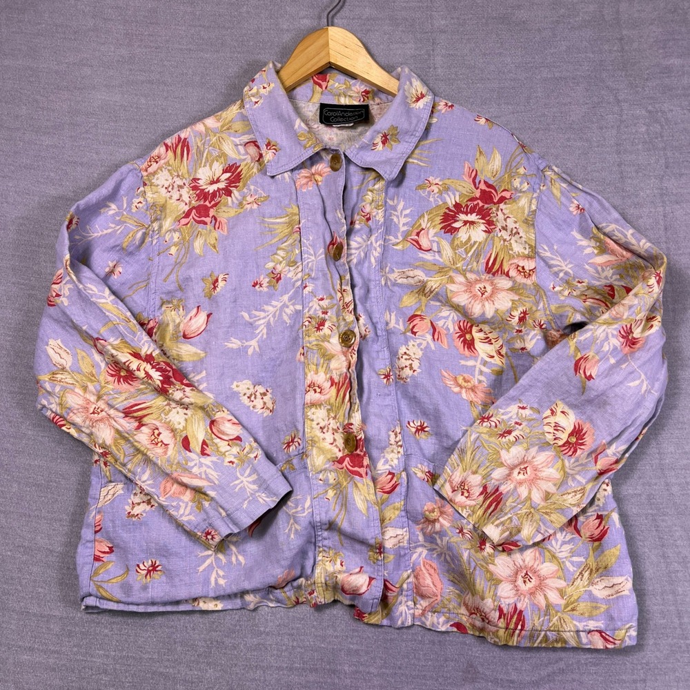 Carol Anderson Collection Floral Button Front 100% Linen Jacket Women L Purple‎
